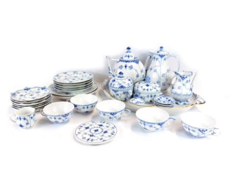 A group of Royal Copenhagen blue and white porcelain tea and coffee wares, comprising an oval tray, teapot, coffee pot, cream