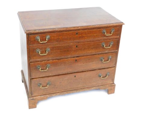 A 19thC oak chest of four drawers, with brass escutcheons, on bracket feet, 81cm high, 93cm wide, 55cm deep. 