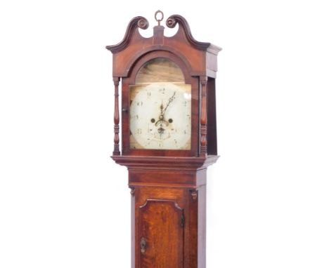 Jonathan Pebrdy of Leicester. A Georgian oak and mahogany long case clock, the break arch dial painted with a farming landsca