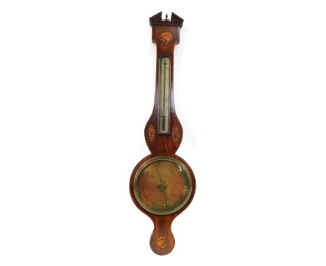 A 19thC mahogany wheel barometer, with an arched pediment top, with shell inlays, with brass dial inscribed Berringer of Lond