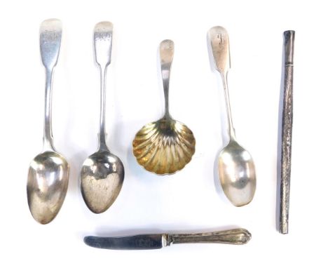 Three George III silver teaspoons, monogram or initial engraved, London 1780 and 1781, caddy spoon with a fluted shell shaped