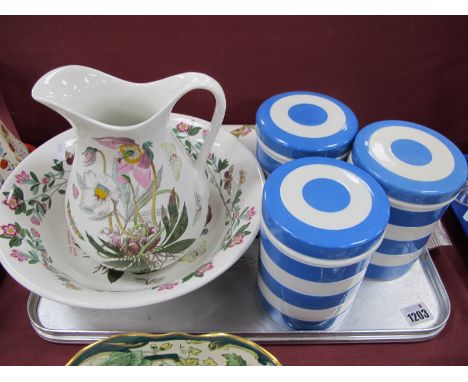 Portmerion 'Botanic Garden' Jug, Bowl and Rolling Pin, three Cornish ware kitchen jars each bearing green shield stamp.