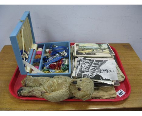 A Gold Plush Teddy Bear (Well Loved), quantity of post cards, publications, needlework set:- One Tray