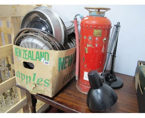 A Quantity of Car Hub Caps, fire extinguisher, angle poise lamp.