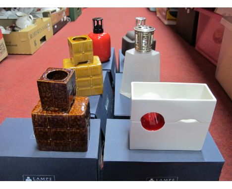 Six Lampe Berger Fragrance Lamps - Sofa Croco, Sofa Caramel, Entrelacee, Generous Red, Ottoman Frosted and Evasion, all boxed