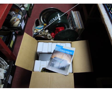 A Green Enamel Bread Bin, records tankard, red telephone, watercolours, Yaesu General Coverage Receiver FRG-8800.