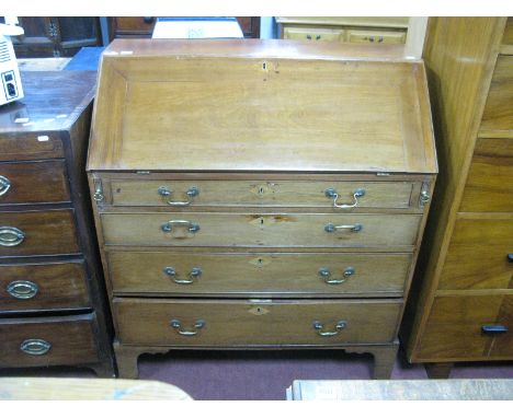 A Late XVIII Century Mahogany Bureau, with fall front, fitted interior, four long drawers, on bracket feet, 91.5m.