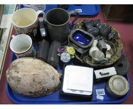 Condiment Set, pottery mugs, coasters, Lesney Model Steam Train, watch etc:- One Tray