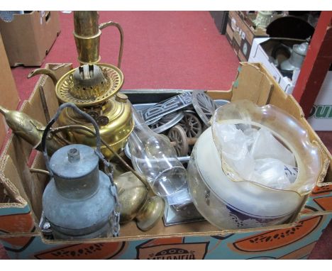 An Oil Lamp, Indian brass flagon's, cast model, wheels for a model train, VW car hub badge etc:- One Box.