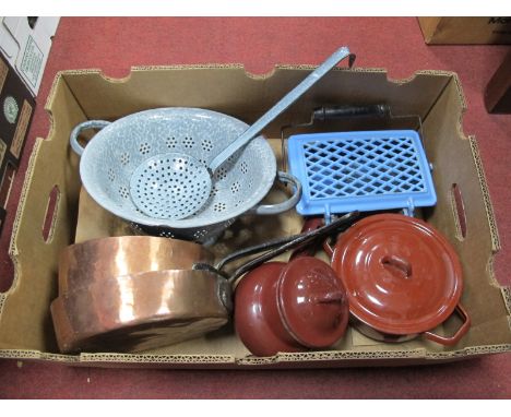 Two Ironed Handled Copper Pans, enamelled colander, ladle, pans, etc:- One Box.