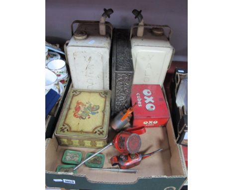 Two Valour Paraffin Cans, bearing Esso blue stickers, oil cans, tins.