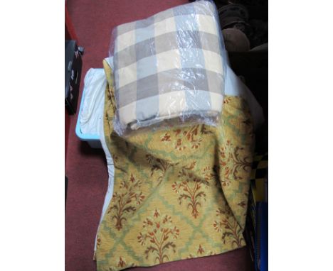 Curtains - Floral on mustard ground, lined 2 x 190 x 266cm, 205 x 260, 2 x 188 x 120, also a pair of square patterned curtain