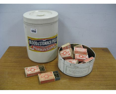 A Heavy Ceramic Storage Jar and Lid for "Blood and Stomach Pills Prepared by Parkinson's", 26cm high; plus a tin of approx fi