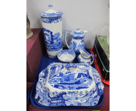 A Spode Italian Design Blue White Tureen, tea pot, cram jug, sugar bowl, cylindrical shaped jar-cover etc:- One Tray.