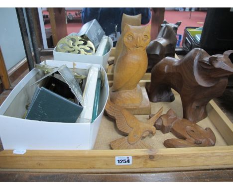 Three R Butterfield Wood Carvings - Bull, owl and fox, all stamped , another and various brass door knobs, finger plates, tri