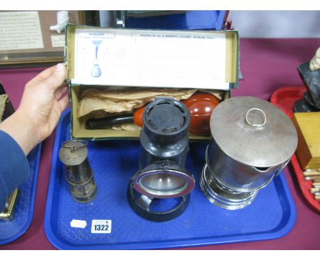 A Victorian Hand Lamp (possibly Police), a small miner's lamp, a boxed "Whirling Spray" and French travel pan on silver plate