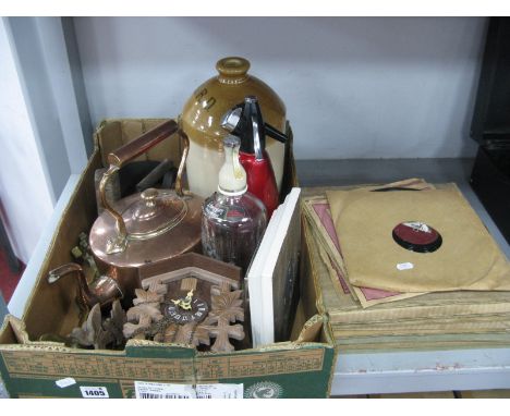 XIX Century Copper Kettle, Stoneware flagon stamped "S.R.D", cobblers last, Schweppes Soda Water soda syphon, cuckoo clock, b