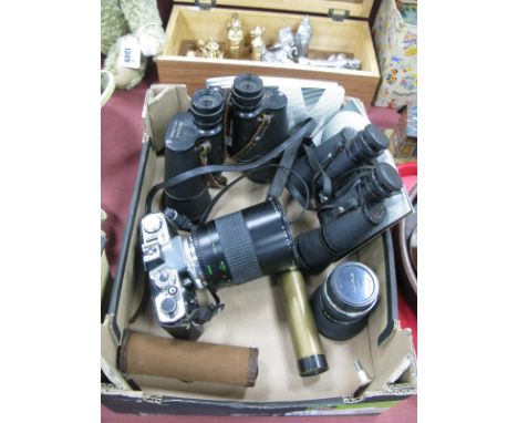 Olympus OM.1 Camera, having macro reflex makinon lens and OM system lens. Binoculars, Enbeeco Heron telescope.