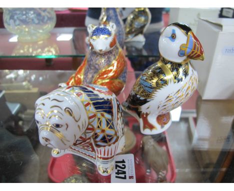 Royal Crown Derby Paperweights 'Honey Bear' (1994), 'Bulldog' (1995) and 'Puffin' (1998), all red printed marks and with gold