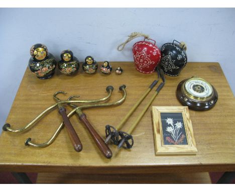 A Pair of Victorian Mahogany Handled Brass Barrister's Wig Stands, other items including a five 'Russian' doll set, barometer