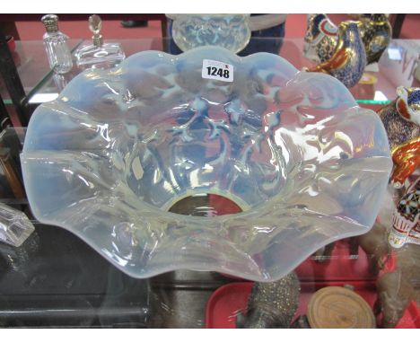 Yellow &amp; Vaseline Art Glass Light Shade, with crimped border 26cm diameter.