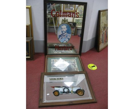 A Colman's Mustard Wall Mirror, in wooden frame, 89 x 63cm overall. Mercedes wall mirror and bar scene print. (3)