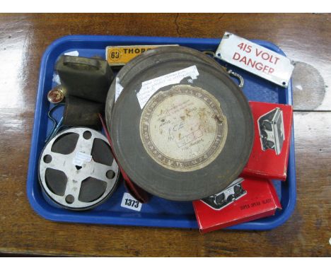 Five Vintage Canned Films (eg. Early XX Century 'Ice Harvest in Prussia'), three small enamel signs, opera glasses, badges, J