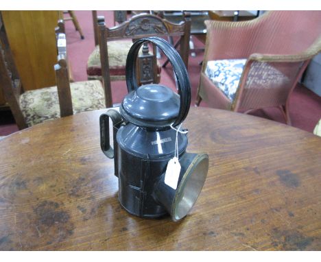Railway Hand lamp, 'London &amp; North Eastern Railway, A.L. Garkirk on copper plaque attached to black painted cylindrical b