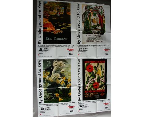 London Underground tube train poster from 1994 featuring four historic London transport posters for Kew Gardens from 1908 - 1