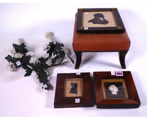 A PORTRAIT MINIATURE OF SILHOUETTE OF A GENTLEMAN (5)21cm wide; 24cm high, two further silhouettes, a rectangular footstool, 