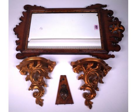 A GEORGE III STYLE MAHOGANY PIER MIRROR (4)36cm wide; 55cm high, a pair of modern gold painted slate wall brackets, 20cm wide