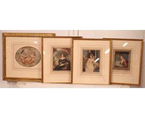 A STIPPLE ENGRAVING OF A WOMAN PLAYING THE HARP WITH TWO PUTTI (4)18.5 x 23cm, together with three mezzotints of ladies, the 