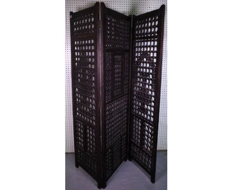 AN EASTERN STAINED HARD AND SOFTWOOD THREE FOLD BOBBIN TURNED SCREEN152cm wide; 182cm high