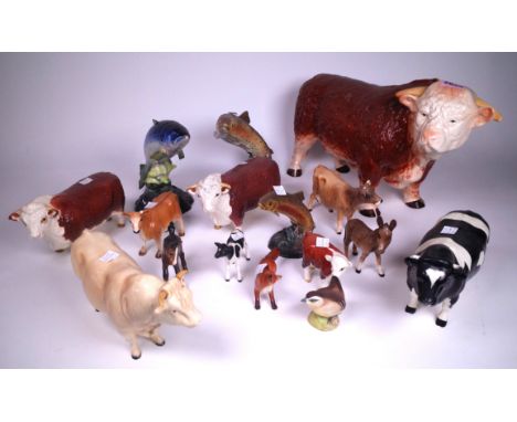 BESWICK; A GROUP OF FOURTEEN BESWICK FIGURES (15)The tallest 17cm high, and a large Melba Ware figure of a bull, 38cm wide; 2