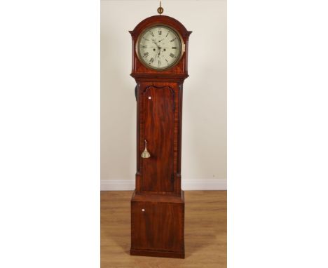JOHN WATT JUNIOR, IRVINE: A REGENCY MAHOGANY LONGCASE CLOCKCirca 1820, the 14 inch circular white painted dial, with twin tra
