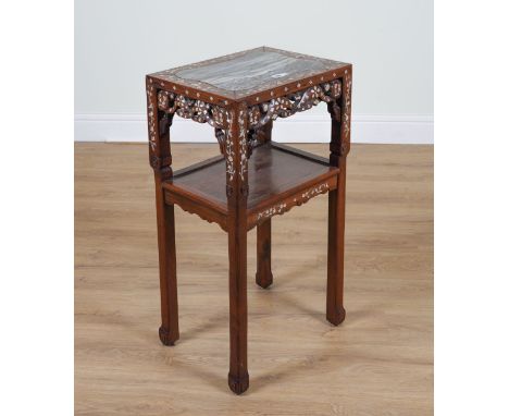 A LATE 19TH CENTURY CHINESE-EXPORT MARBLE AND MOTHER-OF-PEARL INLAID HARDWOOD RECTANGULAR TWO TIER TABLE44cm wide; 33cm deep;