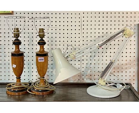 LIGHTING COMPRISING A PAIR OF MODERN TURNED TABLE LAMPS (3)40cm high, and a modern angle poise lamp, 50cm high