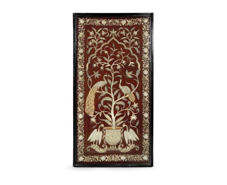 A late 19th century Middle Eastern silk embroidered and couched metal panel,probably West Anatolian or Persianworked in cream