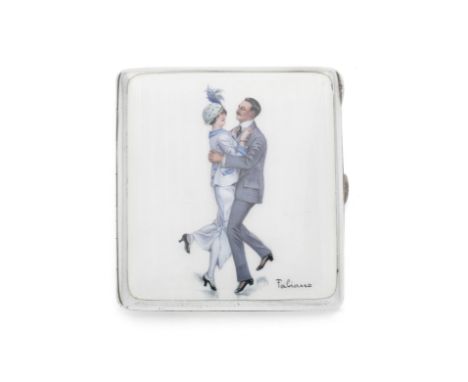 A silver and enamel cigarette caseAustrian or German, circa 1920 The front enamelled with a scene (signed for Fabien Fabiano)