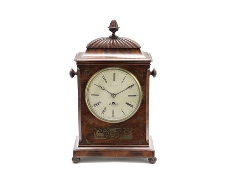 A William IV brass-inlaid mahogany mantel timepiecethe dial signed Leeson, Coleshillthe case surmounted by a carved finial ov