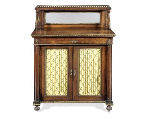 A George IV rosewood and brass mounted chiffonierThe superstructure with a pierced galleried top on S-scroll supports, with a