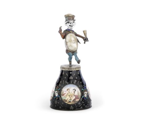 An Austro Hungarian silver and enamel figurinemaker's mark 'HB', circa 1900 Modelled as a drunkard, his front and hat incorpo