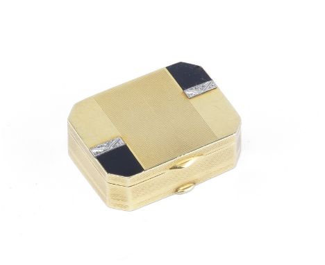 An Art Deco diamond-set gold pill boxcirca 1940, stamped '750' and 'S' Rectangular with canted corners, with engine-turned li