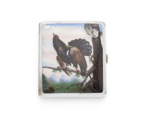 A silver-plated and enamel cigarette caseunmarked The front enamelled with an image of a capercaillie, length 8.5cm.For furth