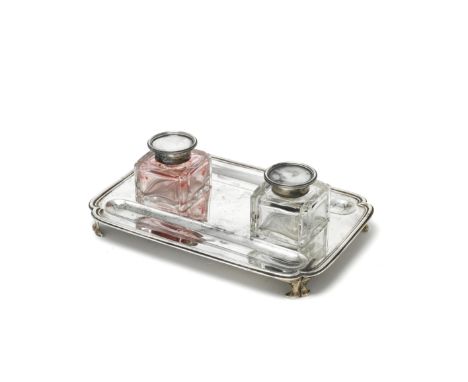 A small silver inkstandR W Burridge, London 1924Plain rounded rectangular form with two silver-mounted glass ink bottles, len