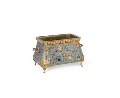 Attributed to Ferdinand Barbedienne: A late 19th century champlevé  enamel jardinièreof tapering bellied rectangular form wit