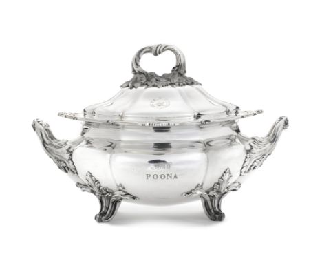 A Victorian silver soup tureenJoseph &amp; Albert Savory, London 1844Shaped-oval form with lobed sides, cover with removable 