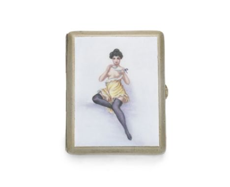 An Alpaca and enamel cigarette casecirca 1930 The front enamelled with an image of a lady enjoying a morning cup of tea, leng