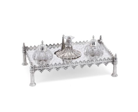 A Victorian Gothic style silver inkstandJoseph Angell I &amp; Joseph Angell II, London 1843Rectangular form with  Gothic styl