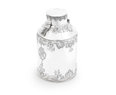 A George II silver tea caddyFrederick Kandler, London 1751 Cylindrical, with chased and embossed floral decoration, height 13